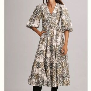 Anthropologie Tan and Brown Textured Puff Sleeve Midi Dress